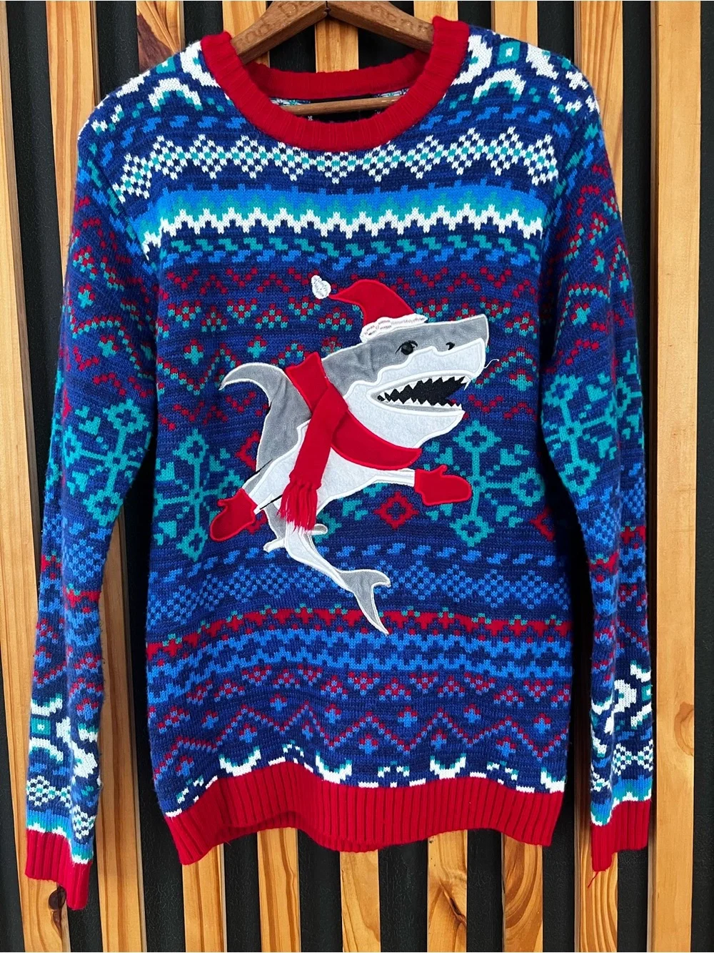 Men's Blue Holiday Shark Knit Sweater - Red Accent